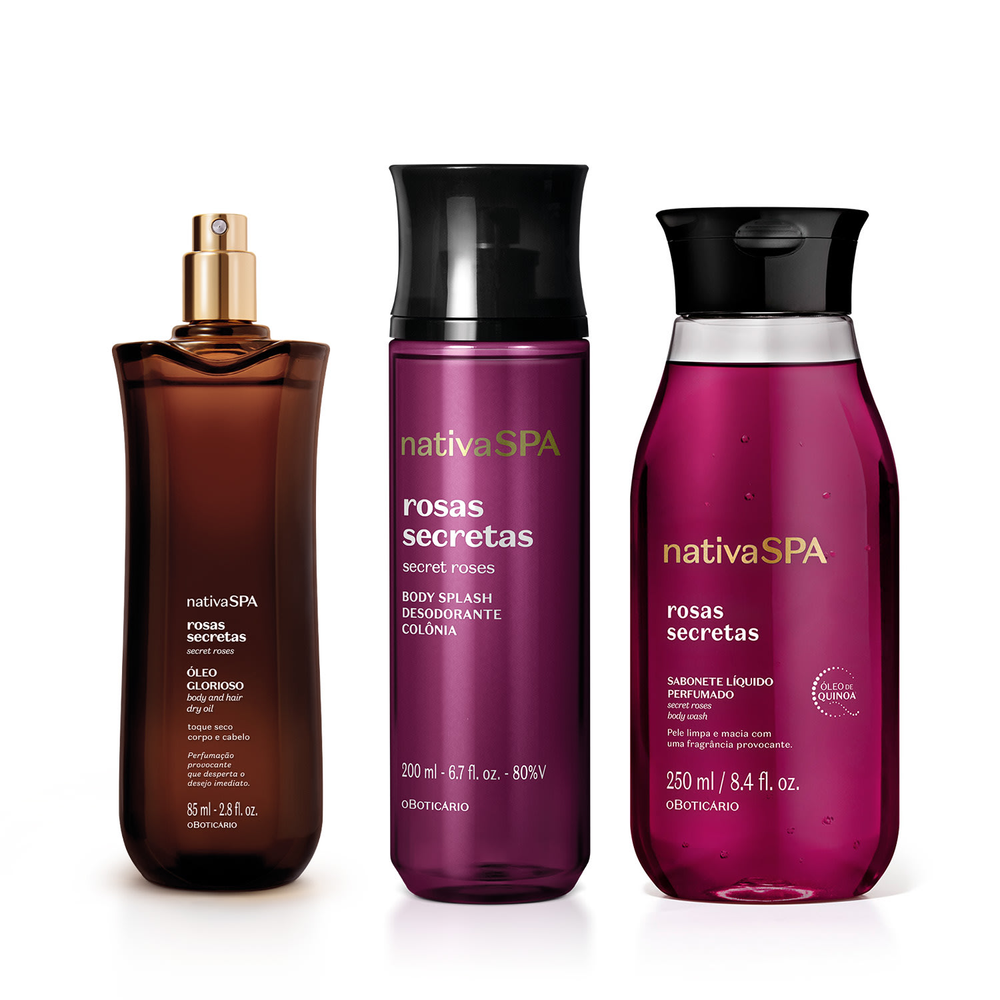 Combo Nativa SPA Rosas Secretas: Sabonete Líquido 250ml + Óleo Multifuncional Corpo E Cabelos 85ml+ Body Splash 200ml Combo Nativa SPA Rosas Secretas: Sabonete Líquido 250ml + Óleo Multifuncional Corpo E Cabelos 85ml+ Body Splash 200ml