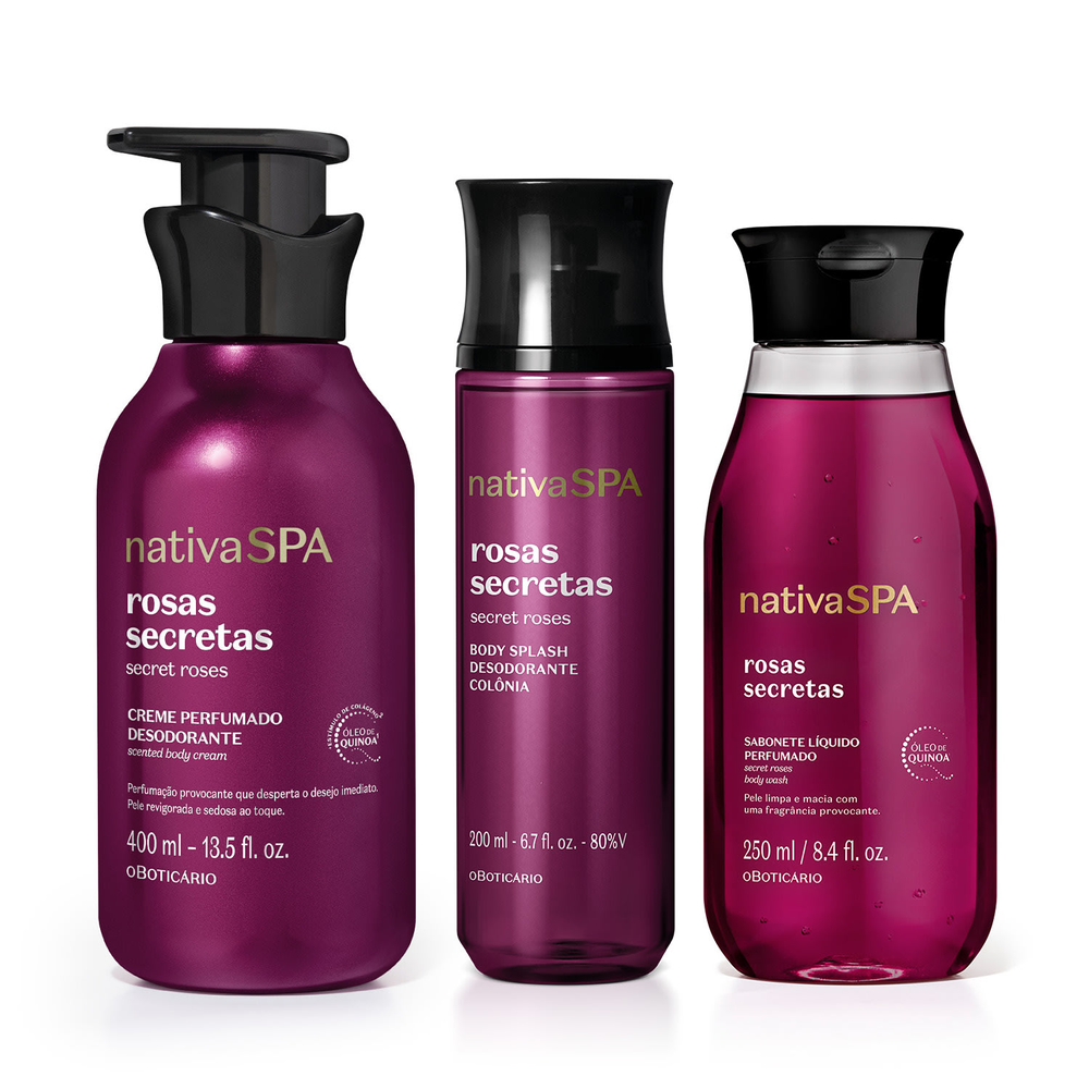Combo Nativa SPA Rosas Secretas: Sabonete Líquido 250ml + Creme Perfumado Corporal 400ml + Body Splash 200ml Combo Nativa SPA Rosas Secretas: Sabonete Líquido 250ml + Creme Perfumado Corporal 400ml + Body Splash 200ml
