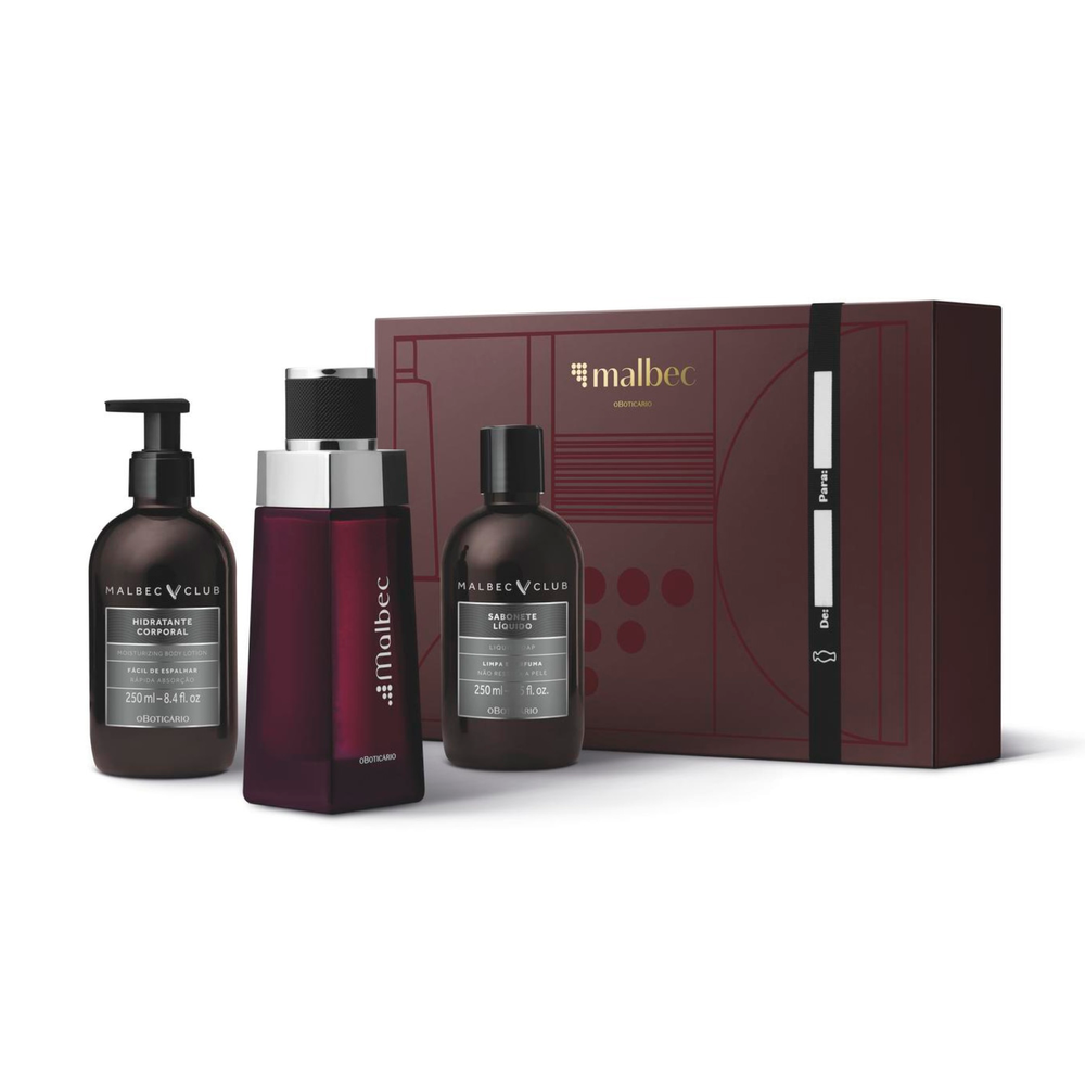 Kit Presente Malbec: Desodorante Colônia 100ml + Loção Corporal 250ml + Sabonete Líquido Corporal 250ml Kit Presente Malbec: Desodorante Colônia 100ml + Loção Corporal 250ml + Sabonete Líquido Corporal 250ml
