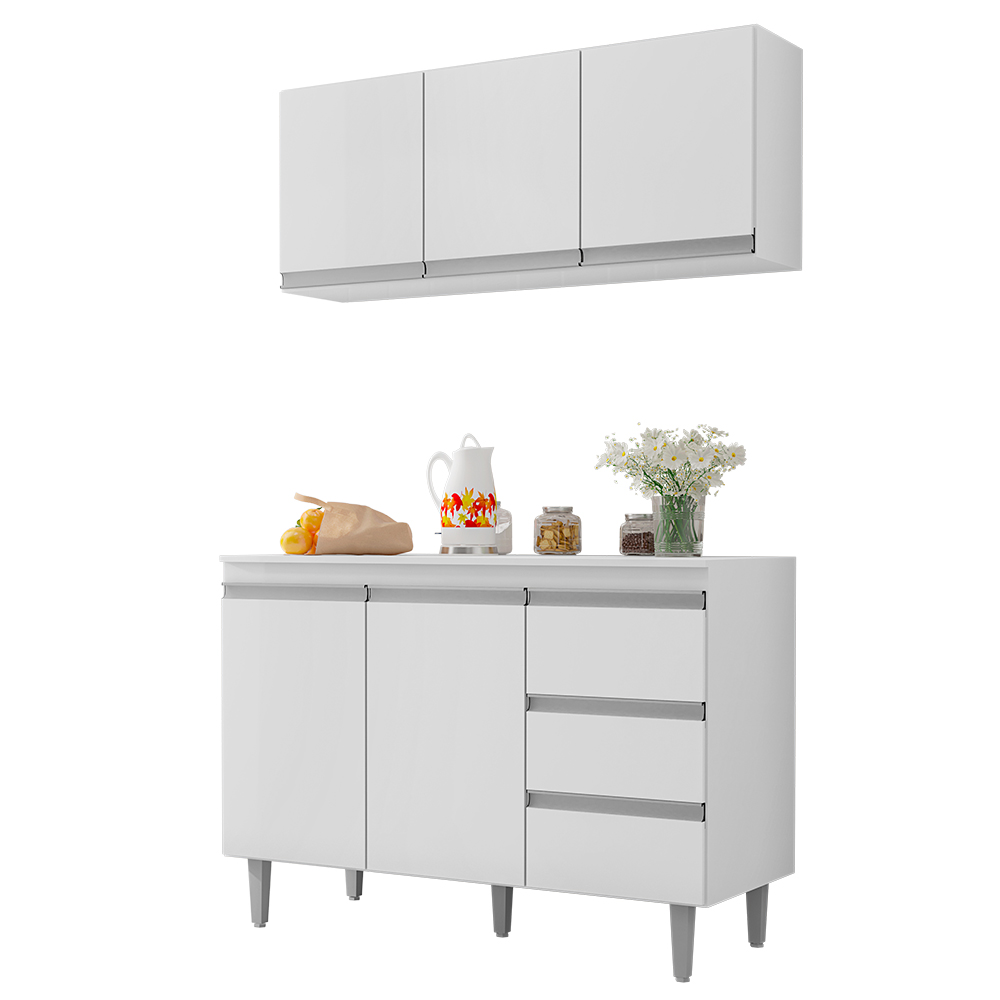 Armário Aéreo e Balcão Gabinete com Tampo 120cm Andréia Branco - AJL Móveis Armário Aéreo e Balcão Gabinete com Tampo 120cm Andréia Branco - AJL Móveis