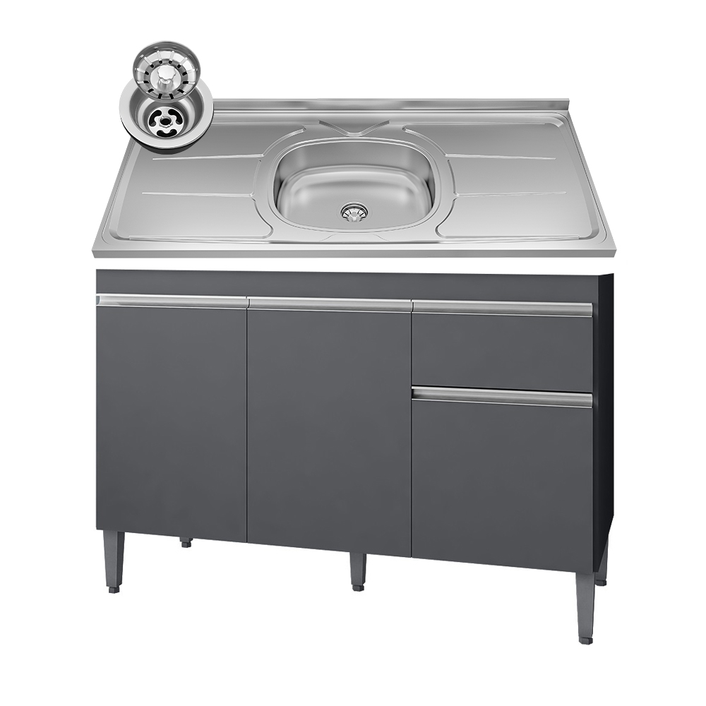 Balcão Gabinete Com Pia Inox 120cm 3 Portas e 1 Gaveta Tatiane Cinza - AJL Móveis Balcão Gabinete Com Pia Inox 120cm 3 Portas e 1 Gaveta Tatiane Cinza - AJL Móveis