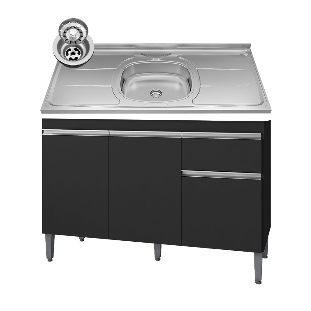 Balcão Gabinete Com Pia Inox 120cm 3 Portas e 1 Gaveta Tatiane Preto - AJL Móveis Balcão Gabinete Com Pia Inox 120cm 3 Portas e 1 Gaveta Tatiane Preto - AJL Móveis