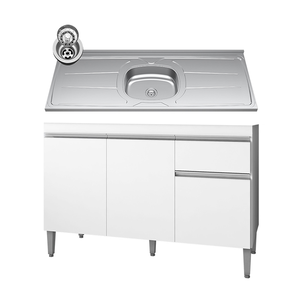 Balcão Gabinete Com Pia Inox 120cm 3 Portas e 1 Gaveta Tatiane Branco - AJL Móveis Balcão Gabinete Com Pia Inox 120cm 3 Portas e 1 Gaveta Tatiane Branco - AJL Móveis