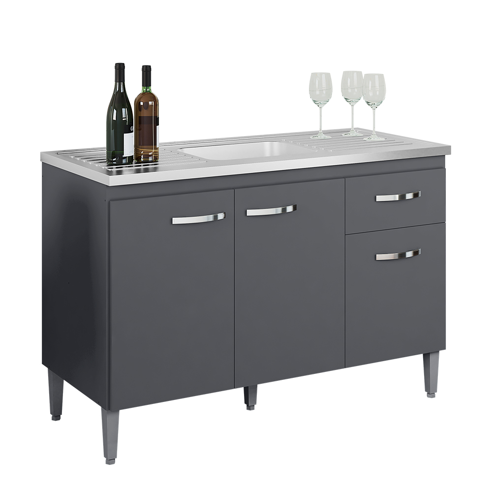 Balcão Gabinete Com Pia Inox 120cm 3 Portas e 1 Gaveta Gabriela Cinza - AJL Móveis Balcão Gabinete Com Pia Inox 120cm 3 Portas e 1 Gaveta Gabriela Cinza - AJL Móveis