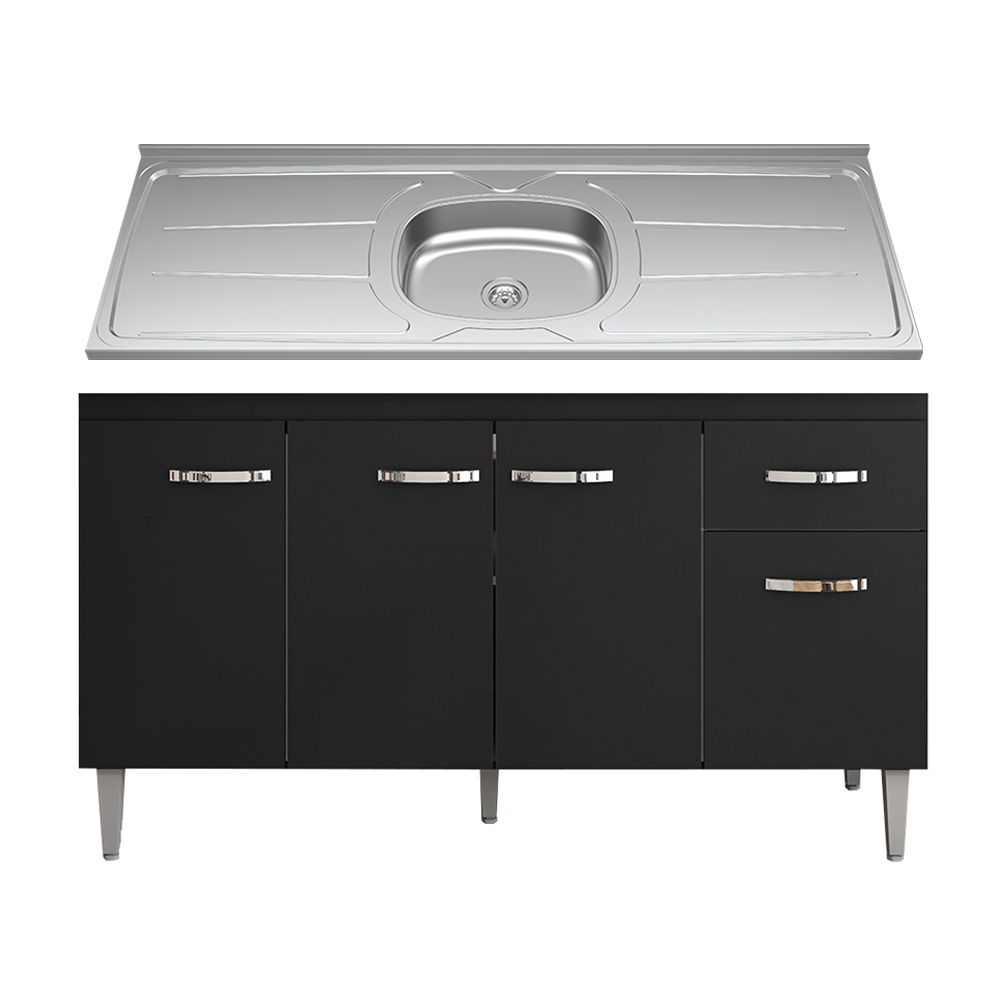 Balcão Gabinete Com Pia Inox 150cm 4 Portas e 1 Gaveta Gabriela Preto - AJL Móveis Balcão Gabinete Com Pia Inox 150cm 4 Portas e 1 Gaveta Gabriela Preto - AJL Móveis