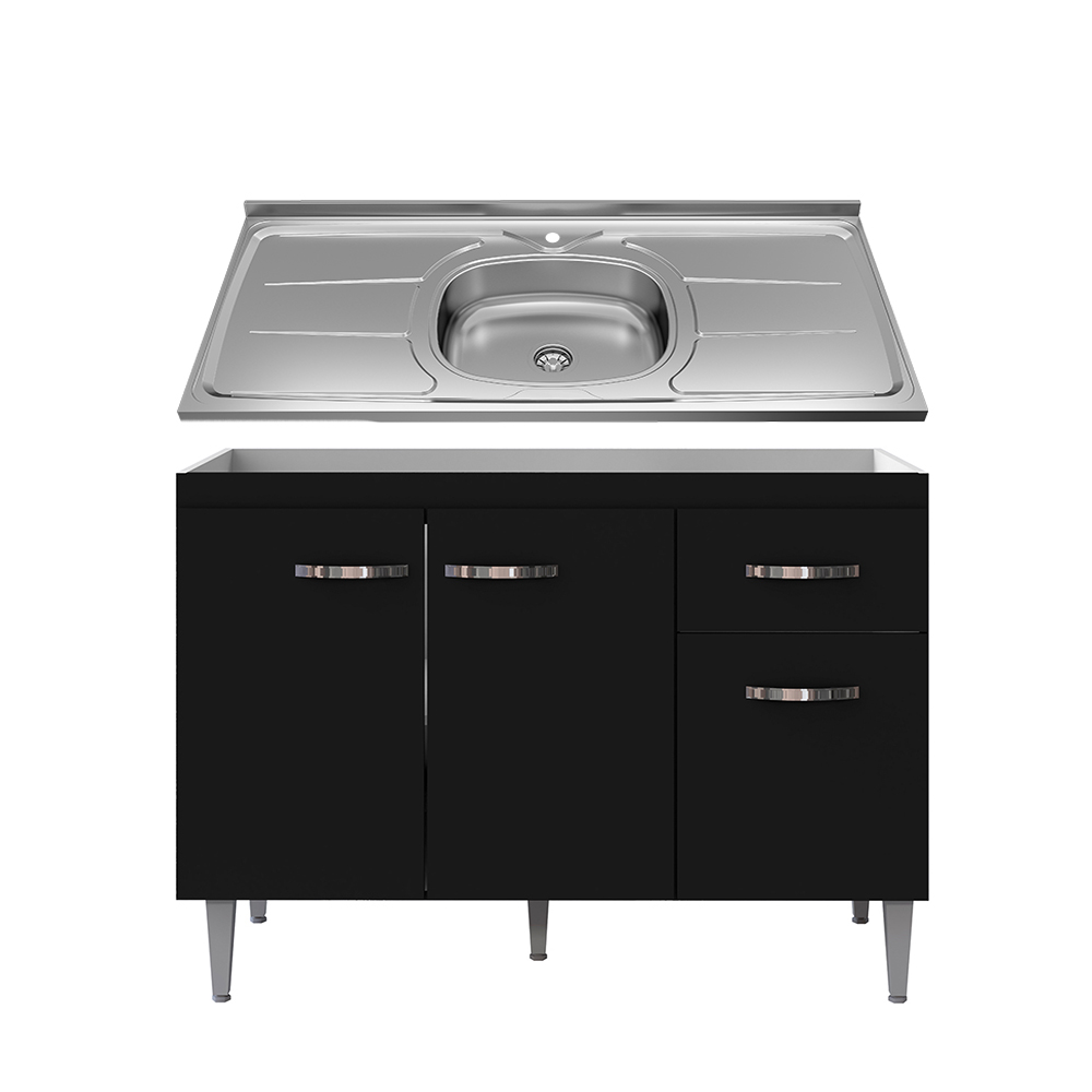 Balcão Gabinete Com Pia Inox 120cm 3 Portas e 1 Gaveta Gabriela Preto - AJL Móveis Balcão Gabinete Com Pia Inox 120cm 3 Portas e 1 Gaveta Gabriela Preto - AJL Móveis