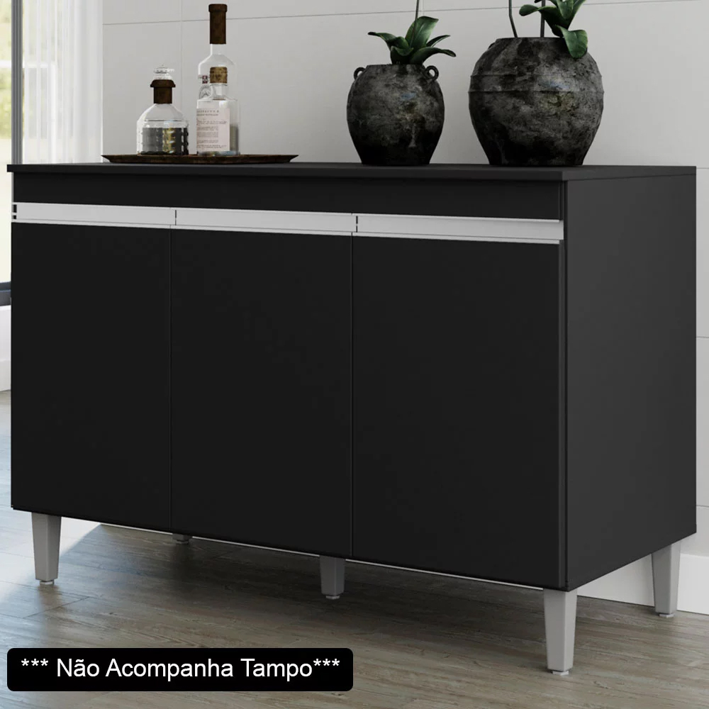 Balcão Gabinete de Pia sem Tampo 120cm 3 Portas Manu Preto - AJL Móveis Balcão Gabinete de Pia sem Tampo 120cm 3 Portas Manu Preto - AJL Móveis