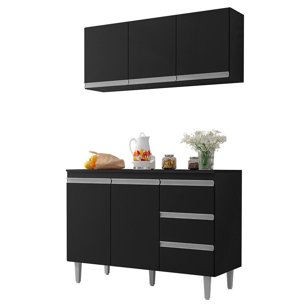 Kit de Cozinha Andréia Balcão 120cm Preto com Tampo MDP e Aéreo - AJL Móveis Kit de Cozinha Andréia Balcão 120cm Preto com Tampo MDP e Aéreo - AJL Móveis