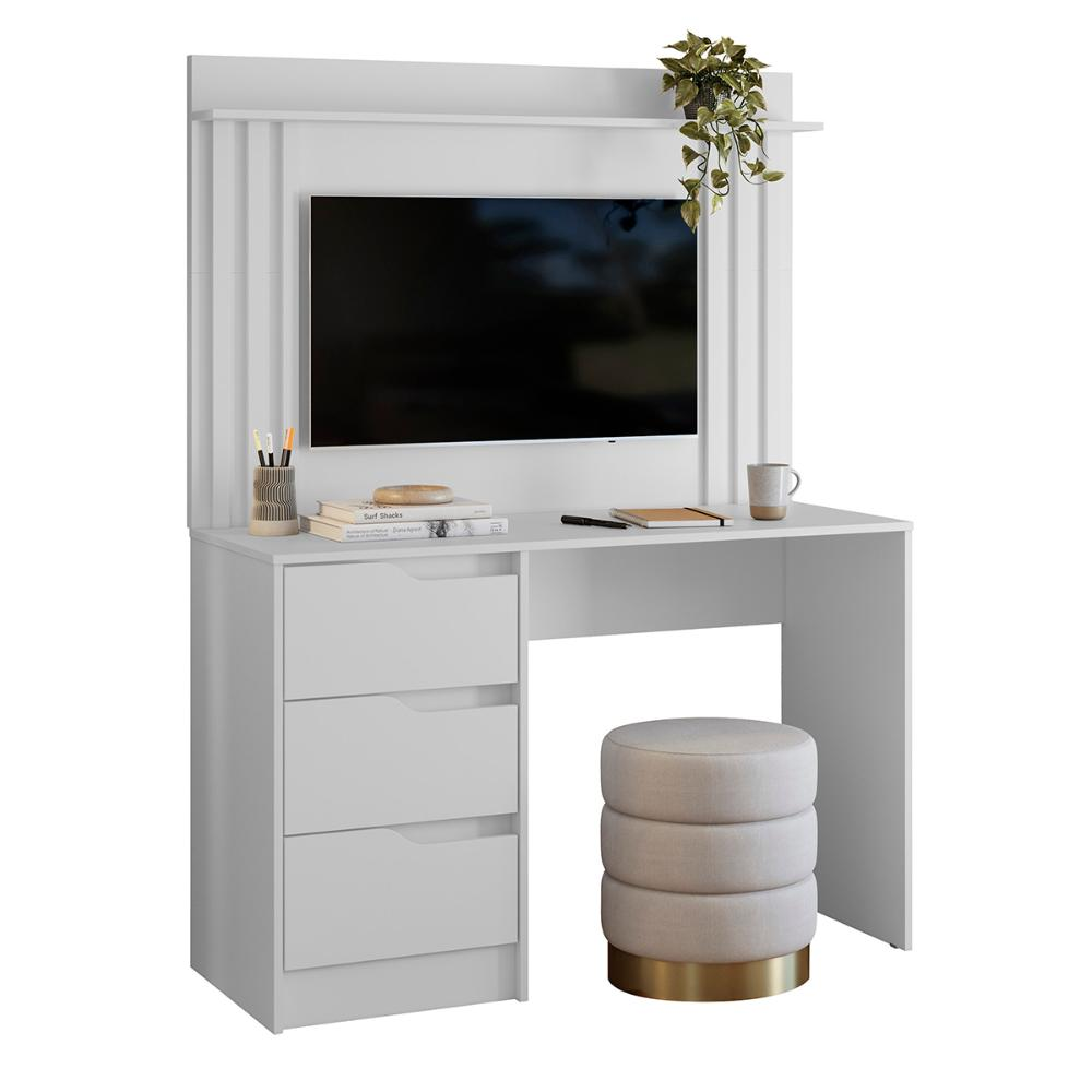 Escrivaninha com Painel Doble Ripado 120cm 3 Gavetas Branco Escrivaninha com Painel Doble Ripado 120cm 3 Gavetas Branco