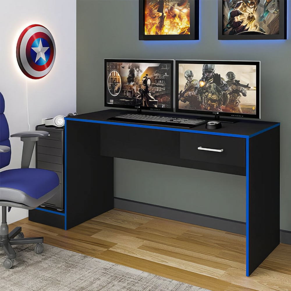 Mesa Escrivaninha Gamer Para 2 Monitores Preto Acetinado/Azul Mesa Escrivaninha Gamer Para 2 Monitores Preto Acetinado/Azul