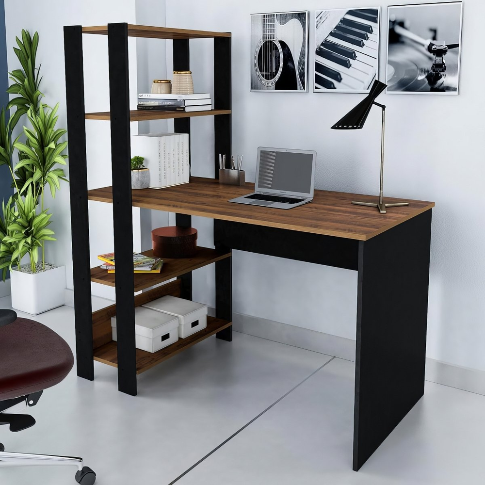 Mesa Escrivaninha Office Com Estante 3 Prateleiras Match Pinho / Preto Mesa Escrivaninha Office Com Estante 3 Prateleiras Match Pinho / Preto