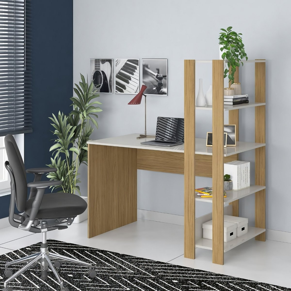 Mesa Escrivaninha Office Com Estante 3 Prateleiras Match Carvalho - Off White Mesa Escrivaninha Office Com Estante 3 Prateleiras Match Carvalho - Off White