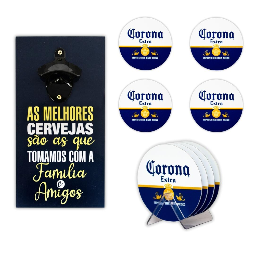 Kit 4 Porta Copos Frase Cerveja C/ Suporte + Abridor Garrafa Kit 4 Porta Copos Frase Cerveja C/ Suporte + Abridor Garrafa