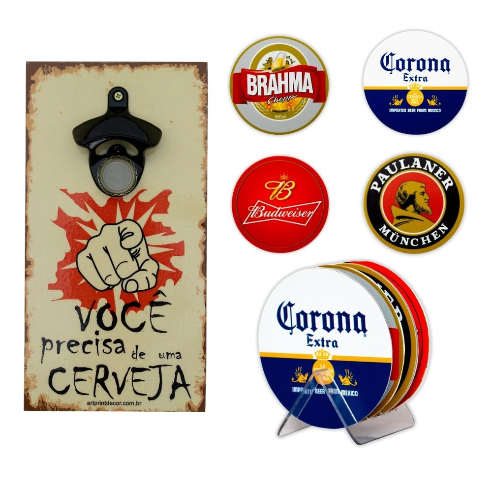 Kit 4 Porta Copos Cerveja Com Suporte + Abridor de Garrafas Kit 4 Porta Copos Cerveja Com Suporte + Abridor de Garrafas