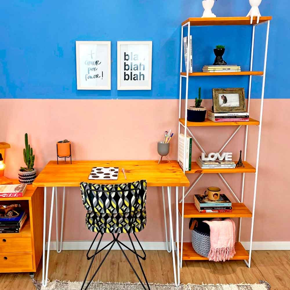 Home Office Escrivaninha Hairpin e Estante Torre Slim Industrial Carvalho e Branco Home Office Escrivaninha Hairpin e Estante Torre Slim Industrial Carvalho e Branco