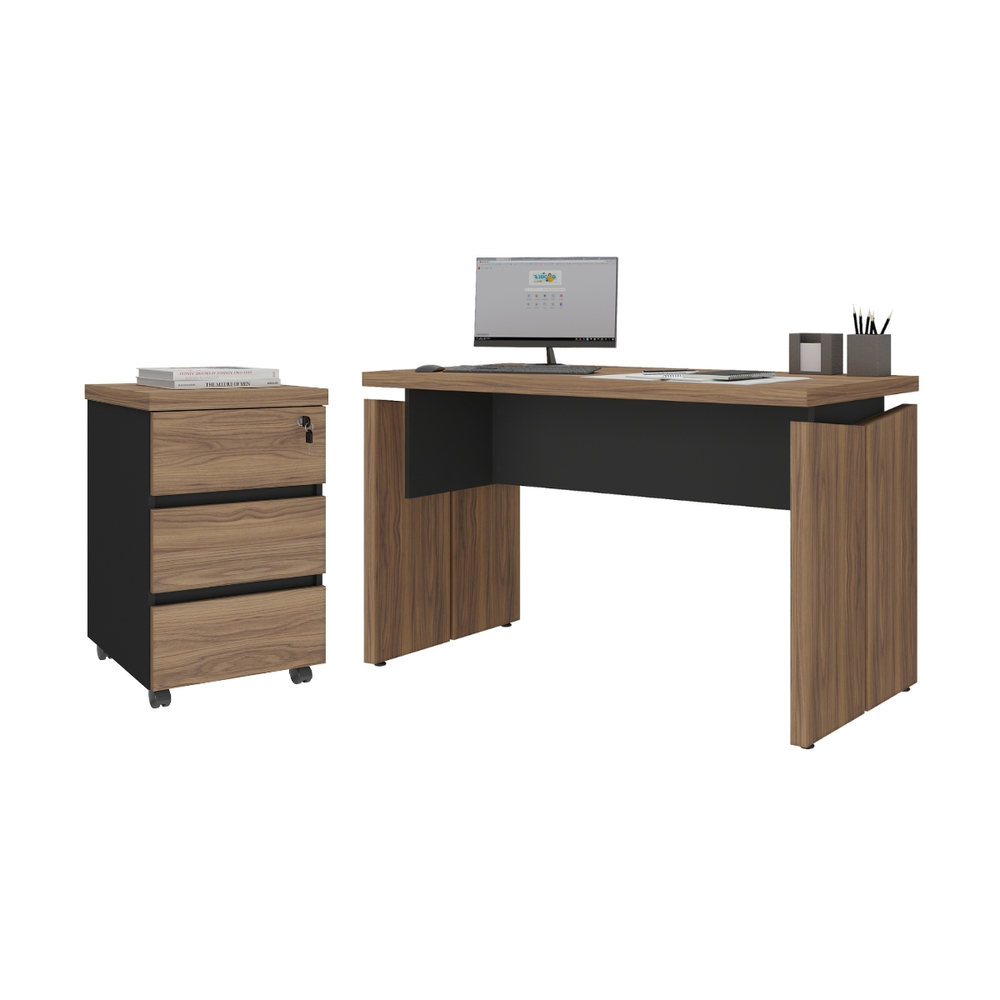 Mesa para Escritório e Gaveteiro Araçu Nogal Preto Mesa para Escritório e Gaveteiro Araçu Nogal Preto