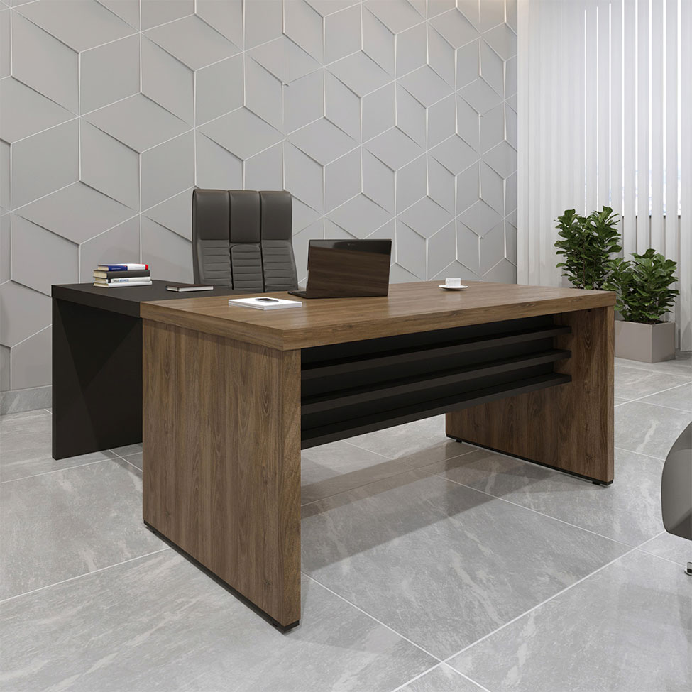 Conjunto de Mesa de Escritório e Mesa de Apoio Executiva Marrom e Preto Conjunto de Mesa de Escritório e Mesa de Apoio Executiva Marrom e Preto