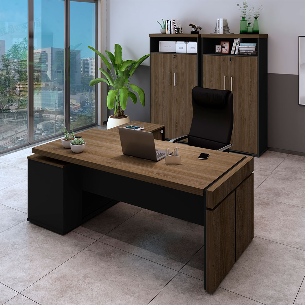 Conjunto de Mesa com 2 Armários de Escritório Executivo 5 PT Marrom e Preto Conjunto de Mesa com 2 Armários de Escritório Executivo 5 PT Marrom e Preto