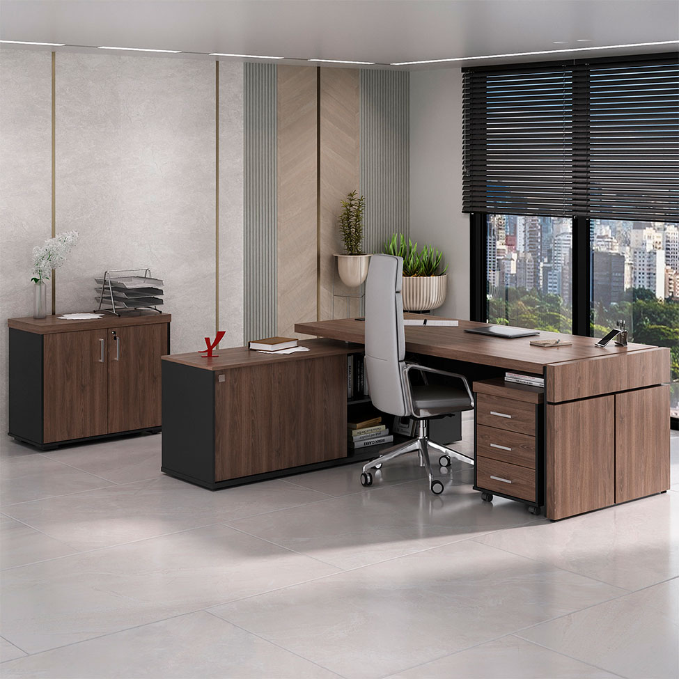 Conjunto de Mesa com Armário de Escritório e Gaveteiro Executivo 3 PT 3 GV Marrom e Preto Conjunto de Mesa com Armário de Escritório e Gaveteiro Executivo 3 PT 3 GV Marrom e Preto