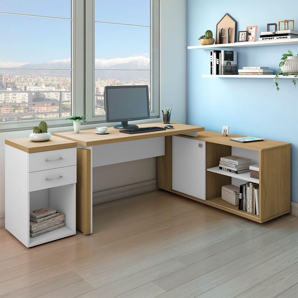 Conjunto de Escrivaninha com Gaveteiro Smart Toq 1 PT 2 GV Branco e Olmo Conjunto de Escrivaninha com Gaveteiro Smart Toq 1 PT 2 GV Branco e Olmo