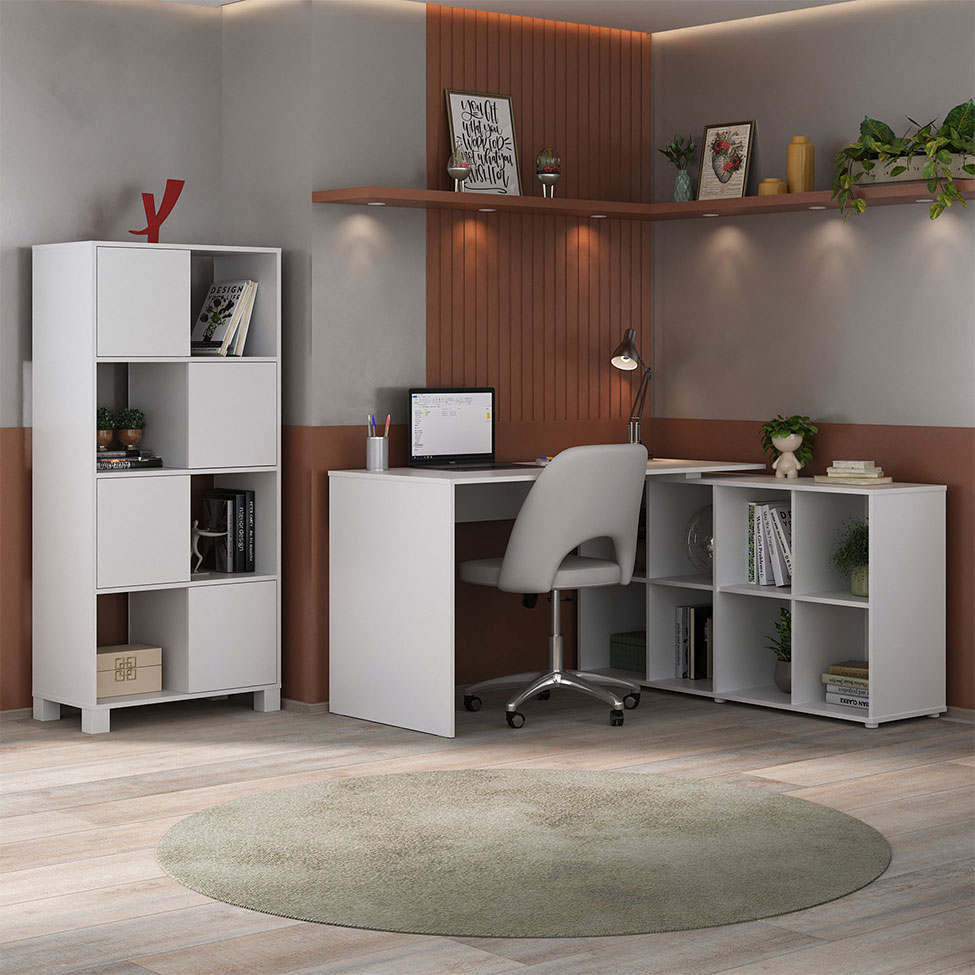 Conjunto de Mesa em L com Estante de Escritório 4 PT Nero Wally Branco