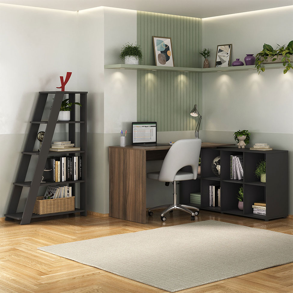 Conjunto de Mesa com Estante de Escritório Nero Star Ipê e Preto Conjunto de Mesa com Estante de Escritório Nero Star Ipê e Preto