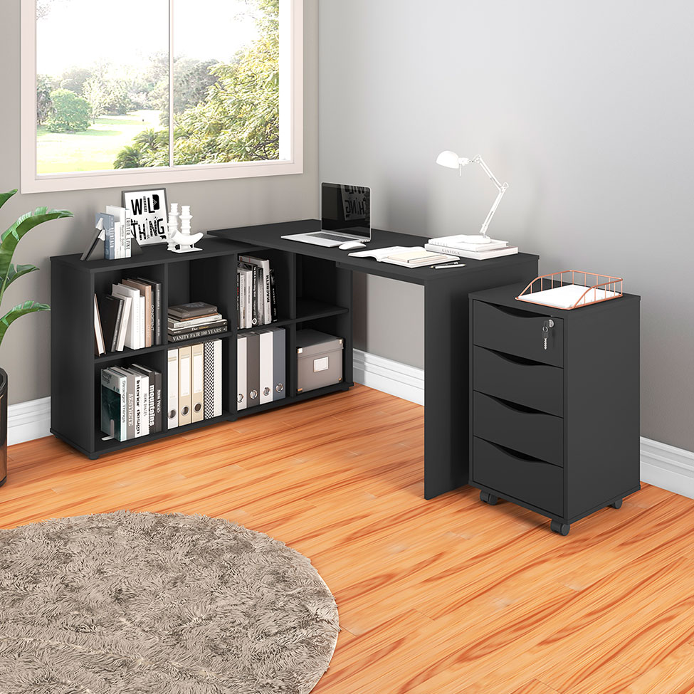 Conjunto de Mesa de Escritório em L e Gaveteiro 4 GV Nero Bit Preto Conjunto de Mesa de Escritório em L e Gaveteiro 4 GV Nero Bit Preto