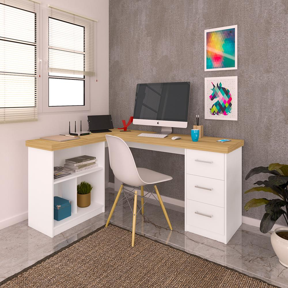 Mesa de Computador em L 3 Gavetas Alaska Olmo Branco Mesa de Computador em L 3 Gavetas Alaska Olmo Branco