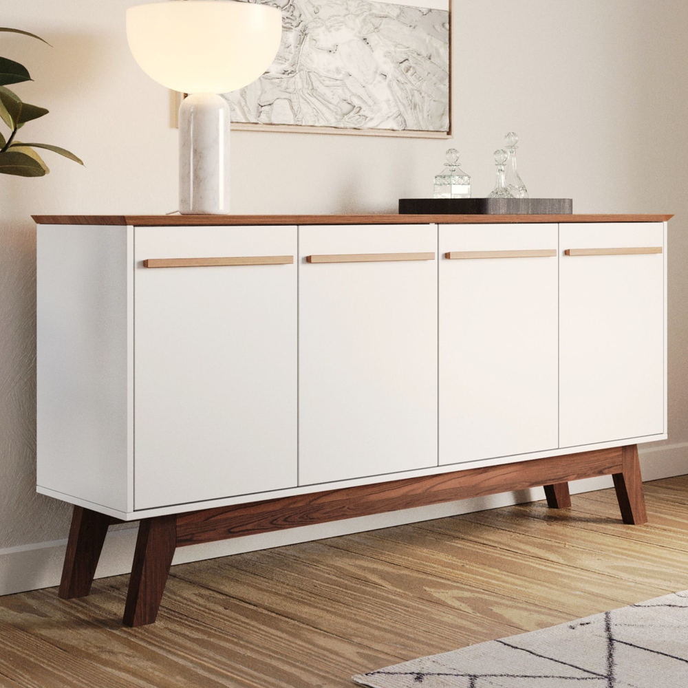 Aparador Buffet Babus Atta Quatro Portas Com Pés de Madeira - Branco Aparador Buffet Babus Atta Quatro Portas Com Pés de Madeira - Branco