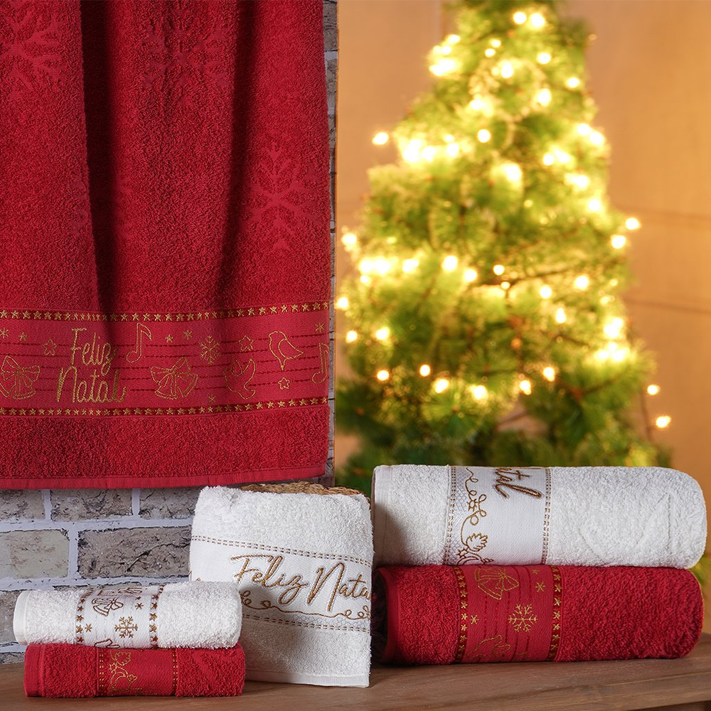 Kit 5 Toalha de Rosto Feliz Natal Bordada Jacquard 45x68cm Vermelho Kit 5 Toalha de Rosto Feliz Natal Bordada Jacquard 45x68cm Vermelho