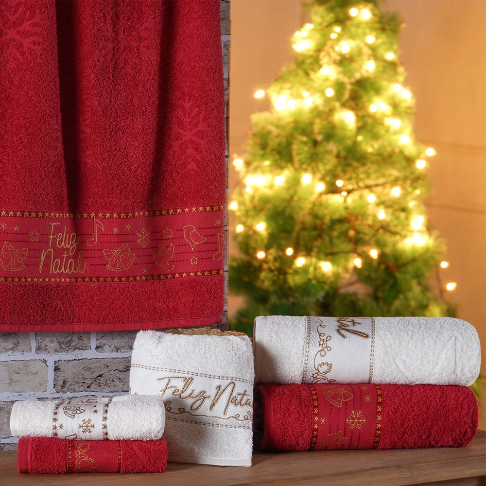 Kit 3 Toalha de Rosto Feliz Natal Bordada Jacquard 45x68cm Pérola Kit 3 Toalha de Rosto Feliz Natal Bordada Jacquard 45x68cm Pérola