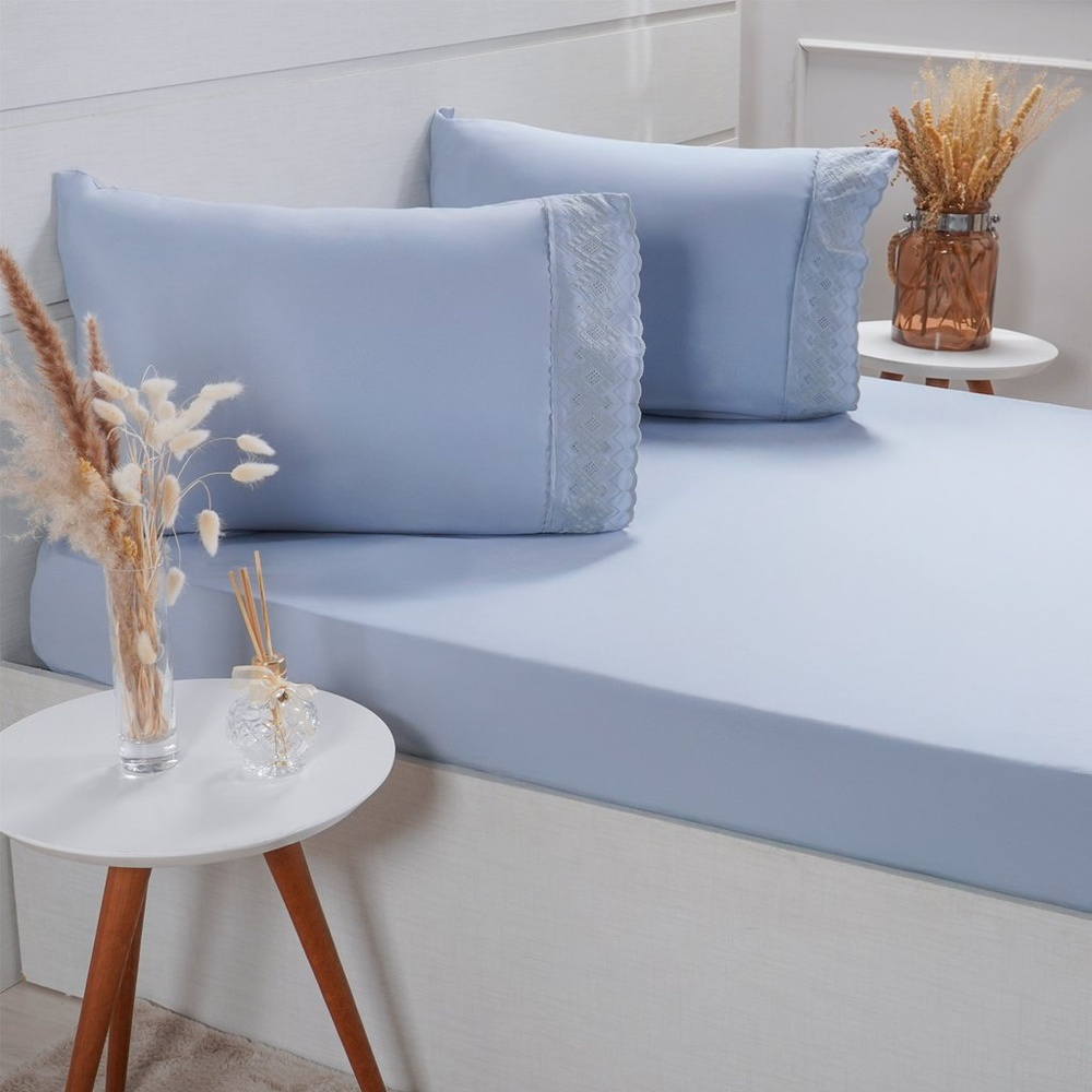 Jogo de Cama Queen Broderie 3 Pçs Bordado Inglês 158x198x35cm Blue Jogo de Cama Queen Broderie 3 Pçs Bordado Inglês 158x198x35cm Blue