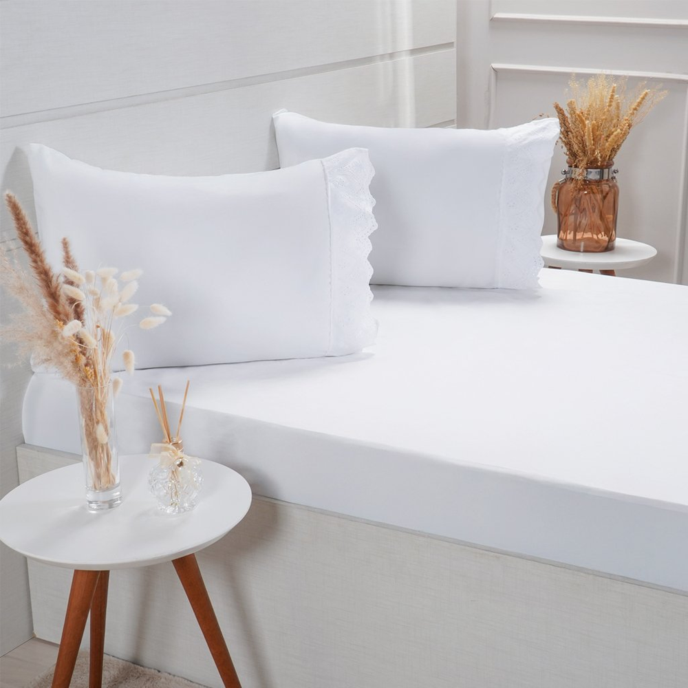 Jogo de Cama Solteiro Broderie 2 Pçs Bordado Inglês 88x188x30cm Branco Jogo de Cama Solteiro Broderie 2 Pçs Bordado Inglês 88x188x30cm Branco