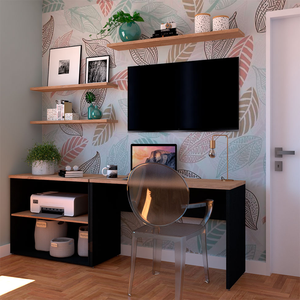 Conjunto de Mesa com Estante e 3 Prateleiras Siena Preto e Carvalho Mel Conjunto de Mesa com Estante e 3 Prateleiras Siena Preto e Carvalho Mel