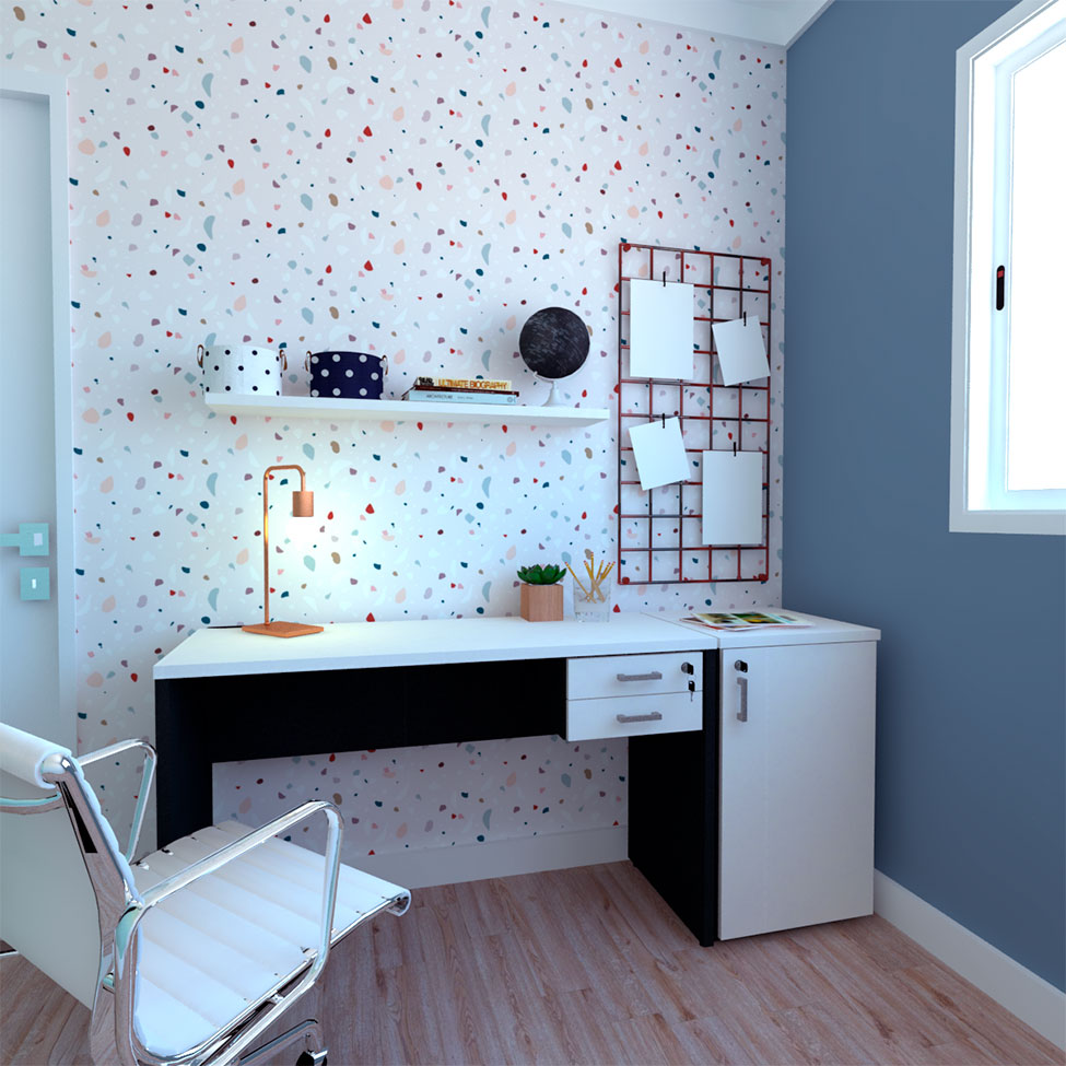 Conjunto de Mesa com Gaveteiro, Prateleira e Armário de Escritório Corp Preto e Branco Conjunto de Mesa com Gaveteiro, Prateleira e Armário de Escritório Corp Preto e Branco