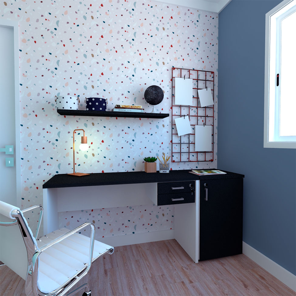 Conjunto de Mesa com Gaveteiro, Prateleira e Armário de Escritório Corp Branco e Preto Conjunto de Mesa com Gaveteiro, Prateleira e Armário de Escritório Corp Branco e Preto