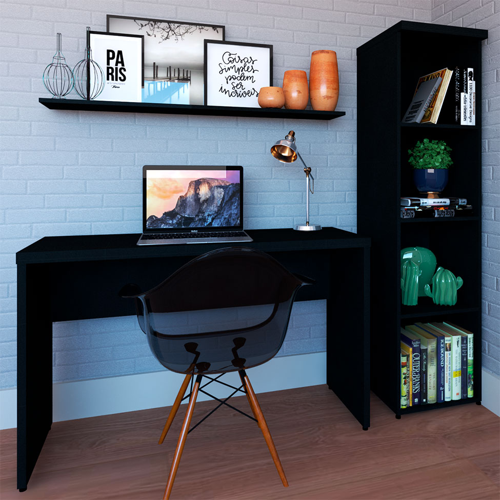 Conjunto de Mesa com Estante e Prateleira de Escritório Corp Preto Conjunto de Mesa com Estante e Prateleira de Escritório Corp Preto