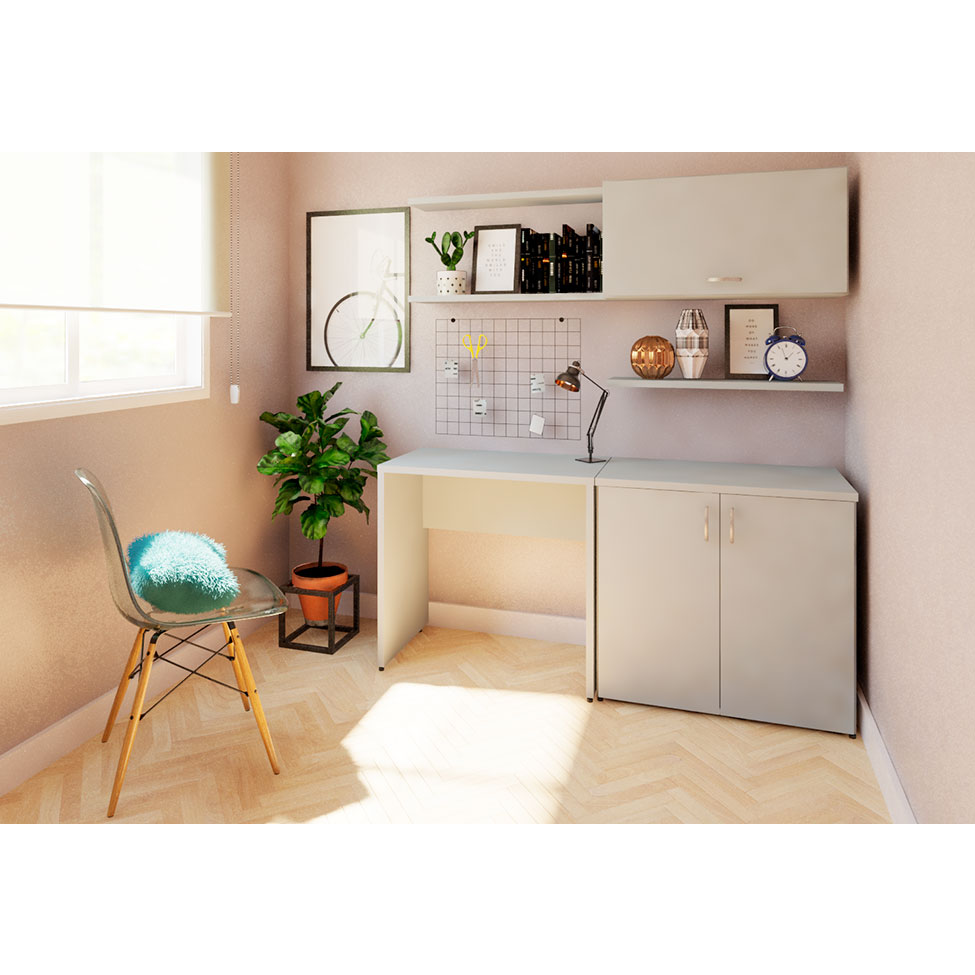 Conjunto de Mesa com Armário de Escritório, Armário Aéreo e 3 Prateleiras Corar Cinza Cristal Conjunto de Mesa com Armário de Escritório, Armário Aéreo e 3 Prateleiras Corar Cinza Cristal