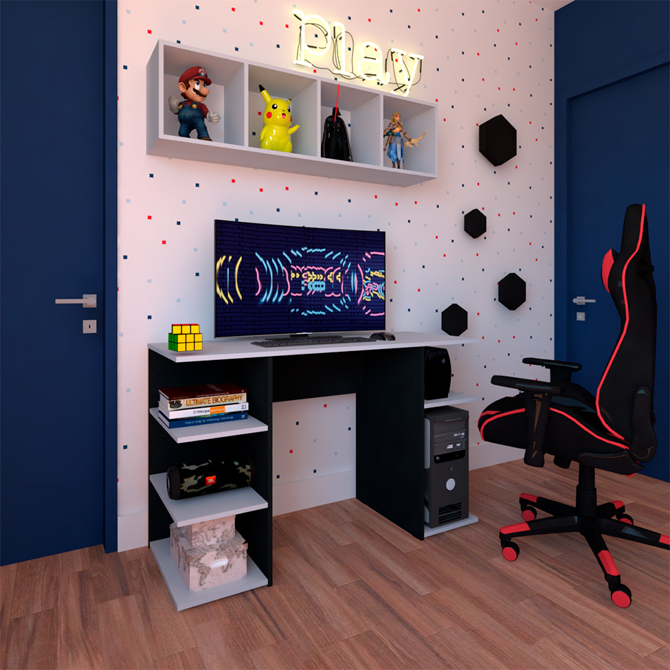 Conjunto de Mesa Gamer com Nicho Ciati Preto e Cinza Cristal Conjunto de Mesa Gamer com Nicho Ciati Preto e Cinza Cristal