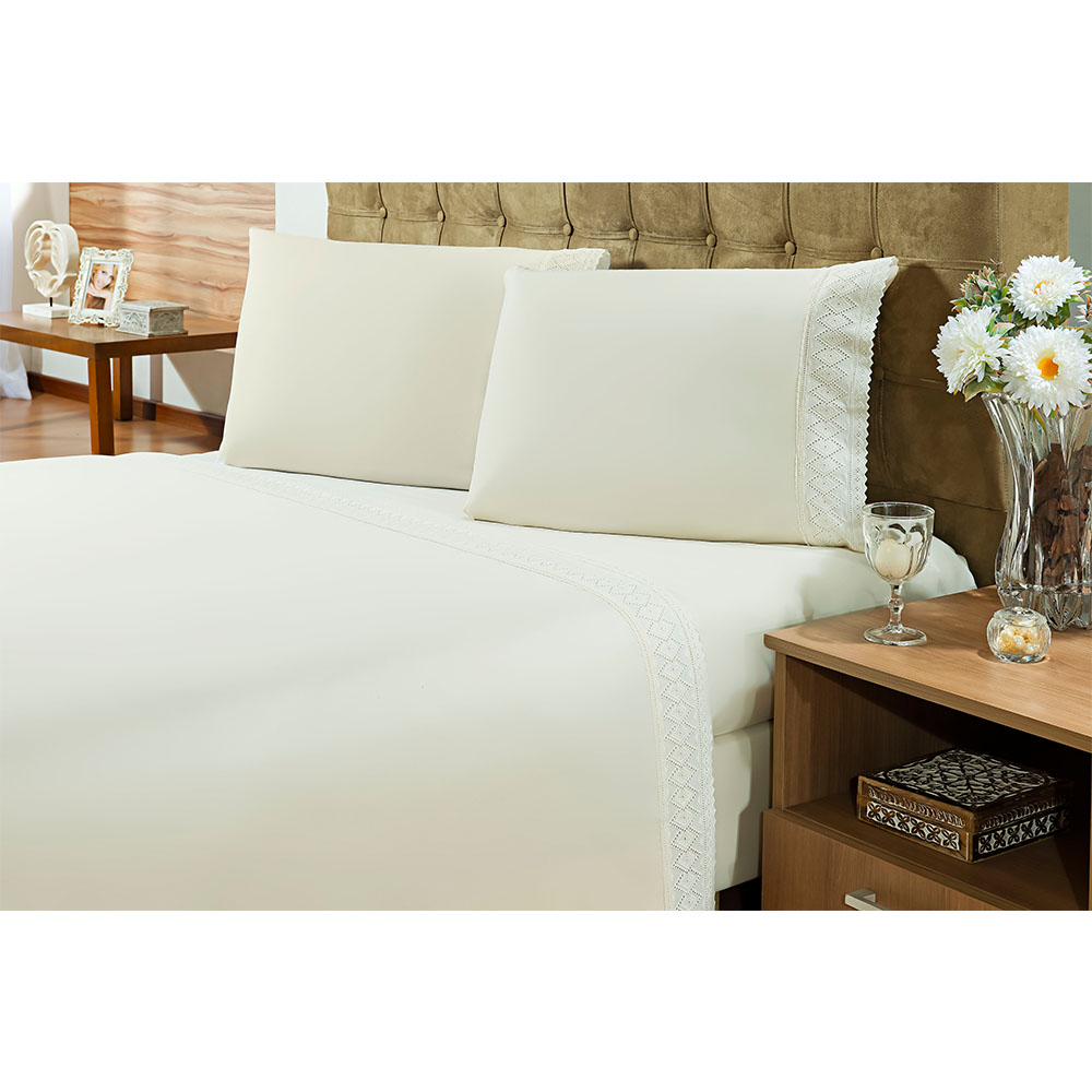 Jogo De Cama Microfibra Bordado Inglês King-Size 260x280 Bege Camesa Jogo De Cama Microfibra Bordado Inglês King-Size 260x280 Bege Camesa