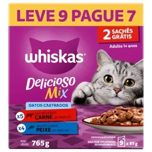 Ração Úmida Whiskas Sachê Gatos Adultos Castrados Carne e Peixe - Leve 9 Pague 7 Ração Úmida Whiskas Sachê Gatos Adultos Castrados Carne e Peixe - Leve 9 Pague 7