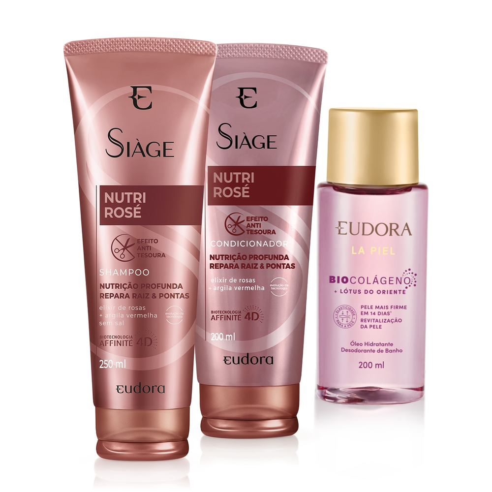 Combo Shampoo Nutri Rosé 250ml + Condicionador Nutri Rosé 200ml + Óleo Hidratante Lótus do Oriente 200ml Combo Shampoo Nutri Rosé 250ml + Condicionador Nutri Rosé 200ml + Óleo Hidratante Lótus do Oriente 200ml