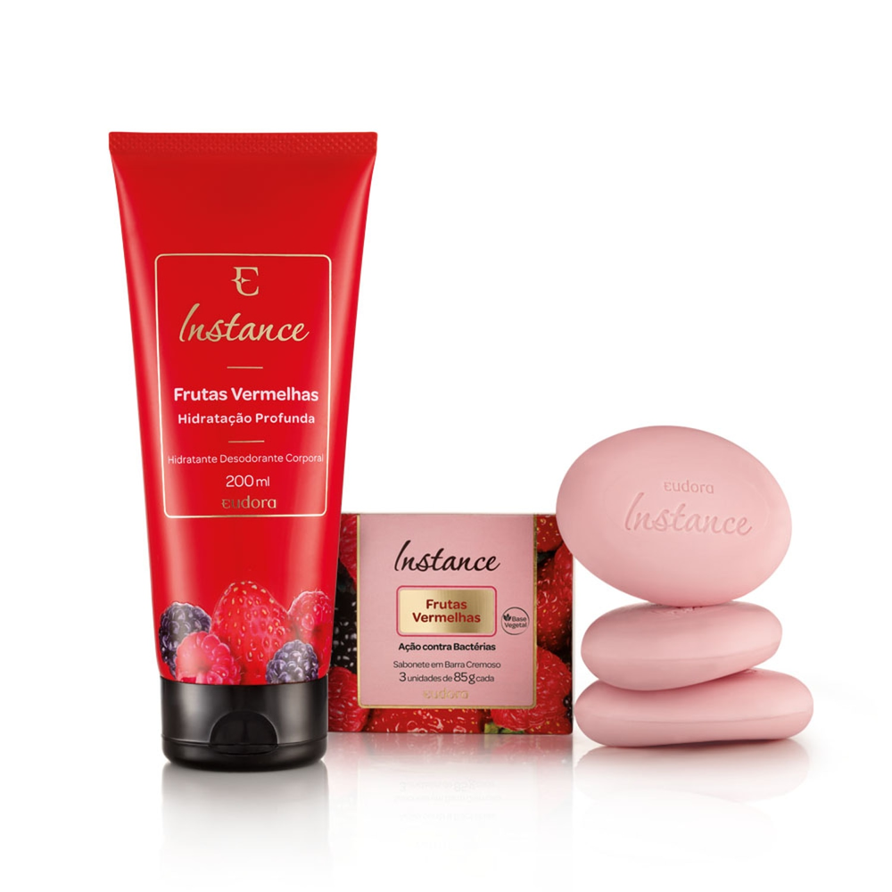 Combo Instance Frutas Vermelhas: Loção Hidratante 200ml + 3 Sabonetes em Barra Combo Instance Frutas Vermelhas: Loção Hidratante 200ml + 3 Sabonetes em Barra