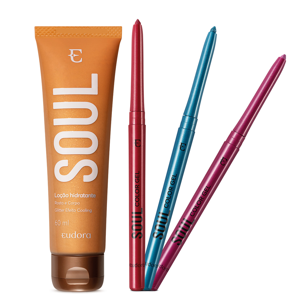 Combo Soul: Loção Hidratante Glitter 60ml + Lapiseira Delineadora Metalizada 300mg (3 cores) Combo Soul: Loção Hidratante Glitter 60ml + Lapiseira Delineadora Metalizada 300mg (3 cores)