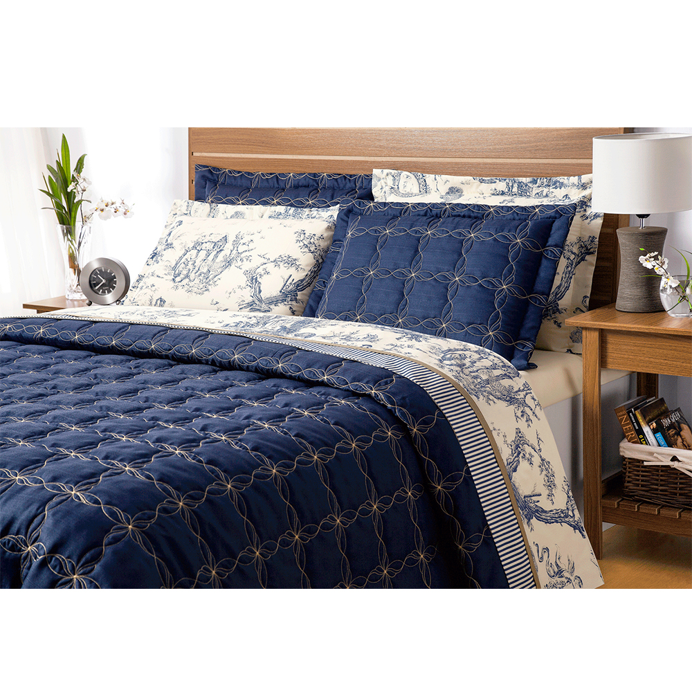 Cobre Leito Queen 200 fios Porcelana Azul Marinho Casaborda 3 peças Cobre Leito Queen 200 fios Porcelana Azul Marinho Casaborda 3 peças