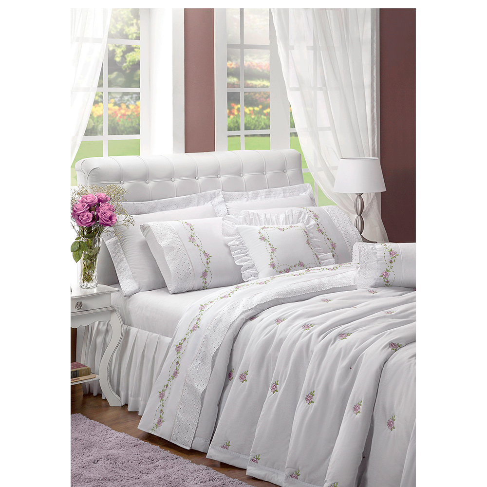 Jogo de Cama Queen 200 fios Bordado Bouquet Branco Casaborda 4 peças Jogo de Cama Queen 200 fios Bordado Bouquet Branco Casaborda 4 peças
