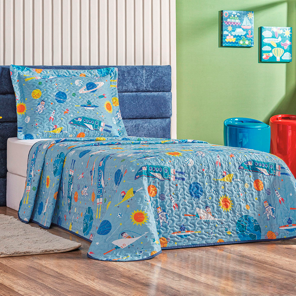 Colcha Solteiro Bouti Kids Dupla Face Estampado 2 Peças - Astronauta Colcha Solteiro Bouti Kids Dupla Face Estampado 2 Peças - Astronauta