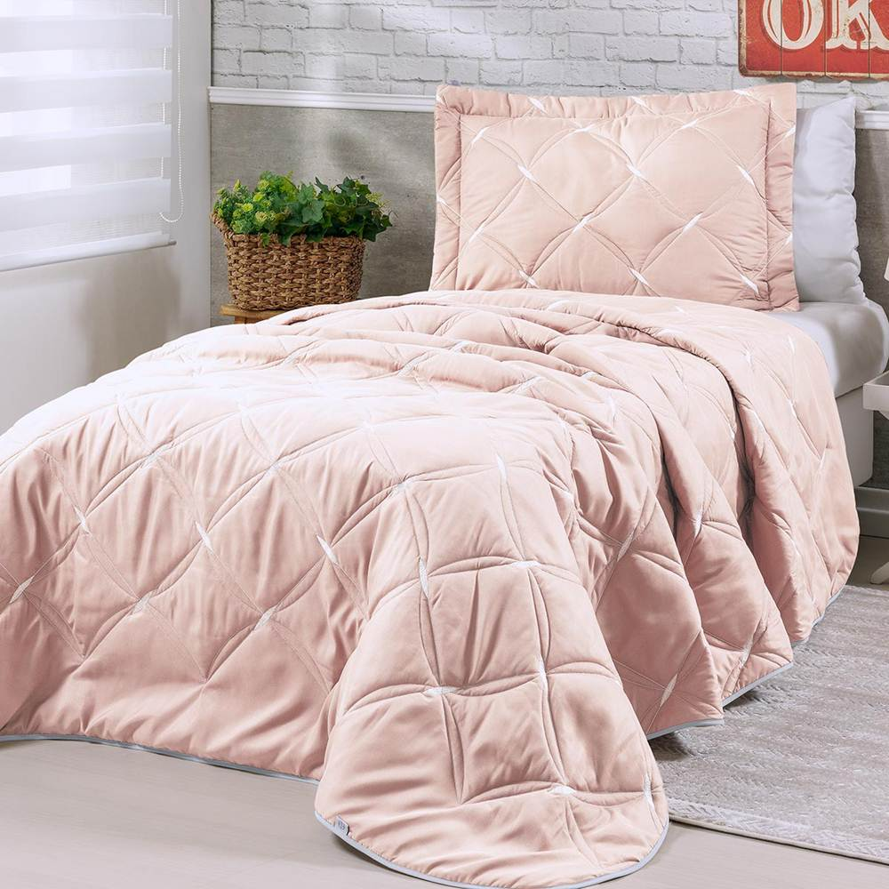 Cobre Leito Solteiro Unique Micropercal 200 Fios Bordado 2 Peças - Rose