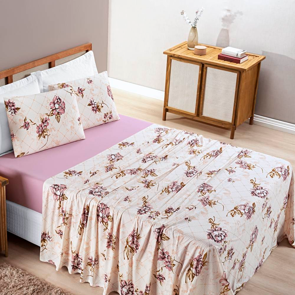 Jogo de Lençol Solteiro Quality Malha 100% Algodão Estampado 3 Peças - Floral Rose Jogo de Lençol Solteiro Quality Malha 100% Algodão Estampado 3 Peças - Floral Rose