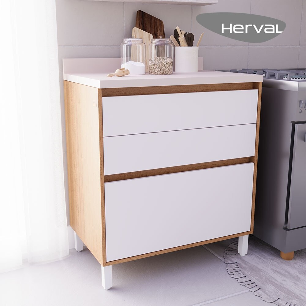 Balcão de Cozinha Pequeno Herval Denver, 3 Gavetas, Branco Ártico e Freijó Rocks, 80 cm Balcão de Cozinha Pequeno Herval Denver, 3 Gavetas, Branco Ártico e Freijó Rocks, 80 cm